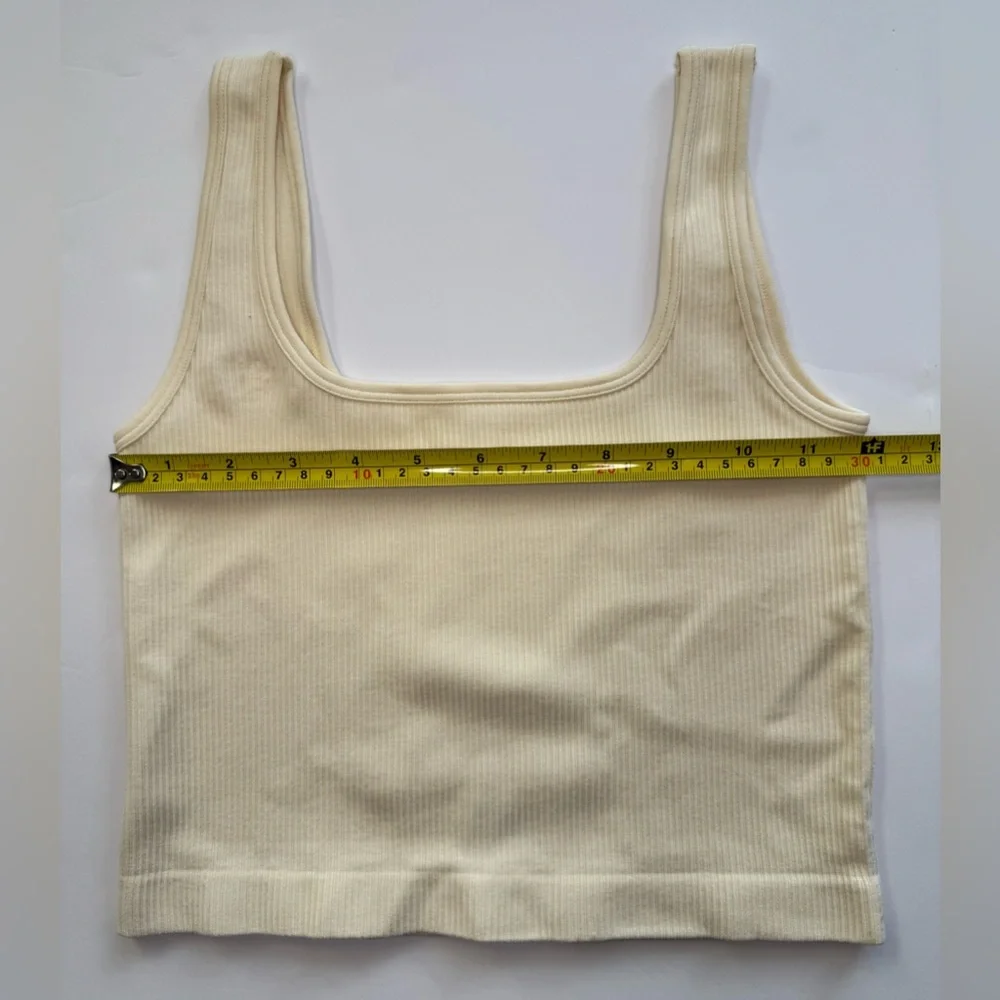Ribbed Crop Tank Top Beige Scoop Neck Size S - Picture 4 of 5
